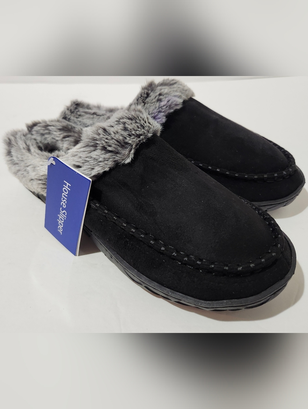 Black Faux-Fur Lined Men’s Slip-On House Slippers Size 6.5